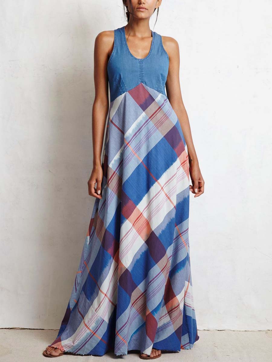 Women's Retro Plaid Pattern Denim Patchwork Art Stylish Casual No Sleeve Dress