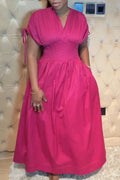 Women's V-neck Waist Cinched Solid Color Elegant Casual Dress