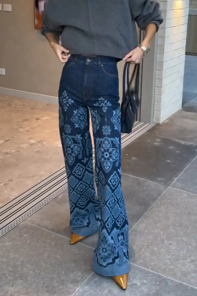 Women's Casual Versatile Wide Leg Pattern Print Jeans