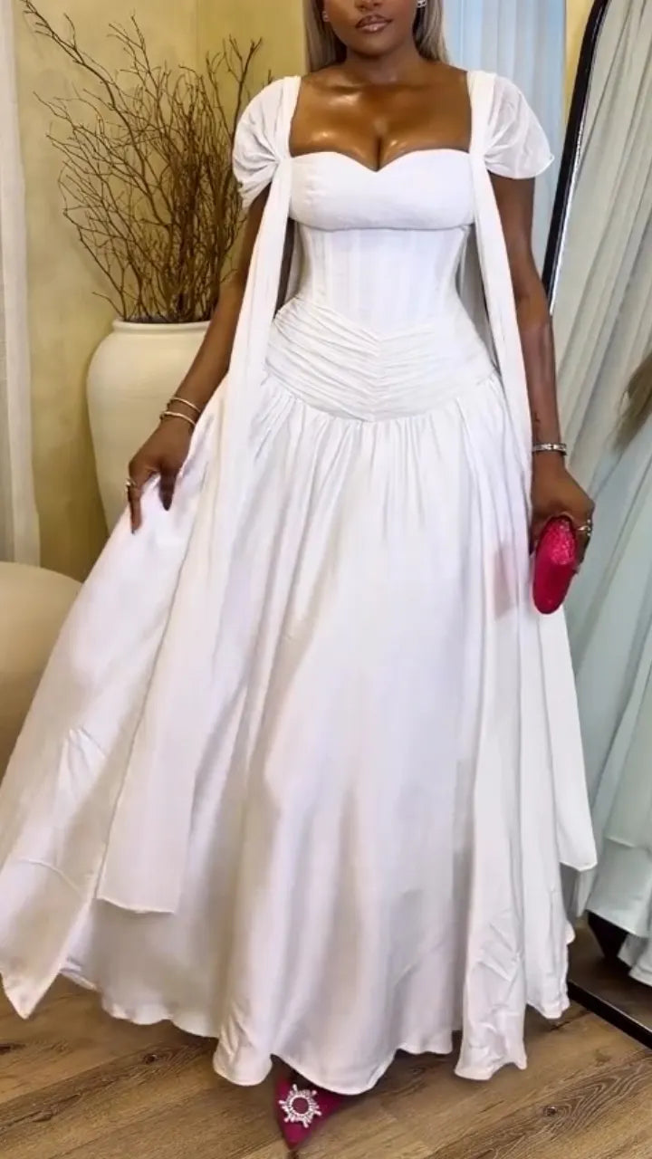 Women Square Neck Solid Color Waist Cinching Elegant Temperament Dress