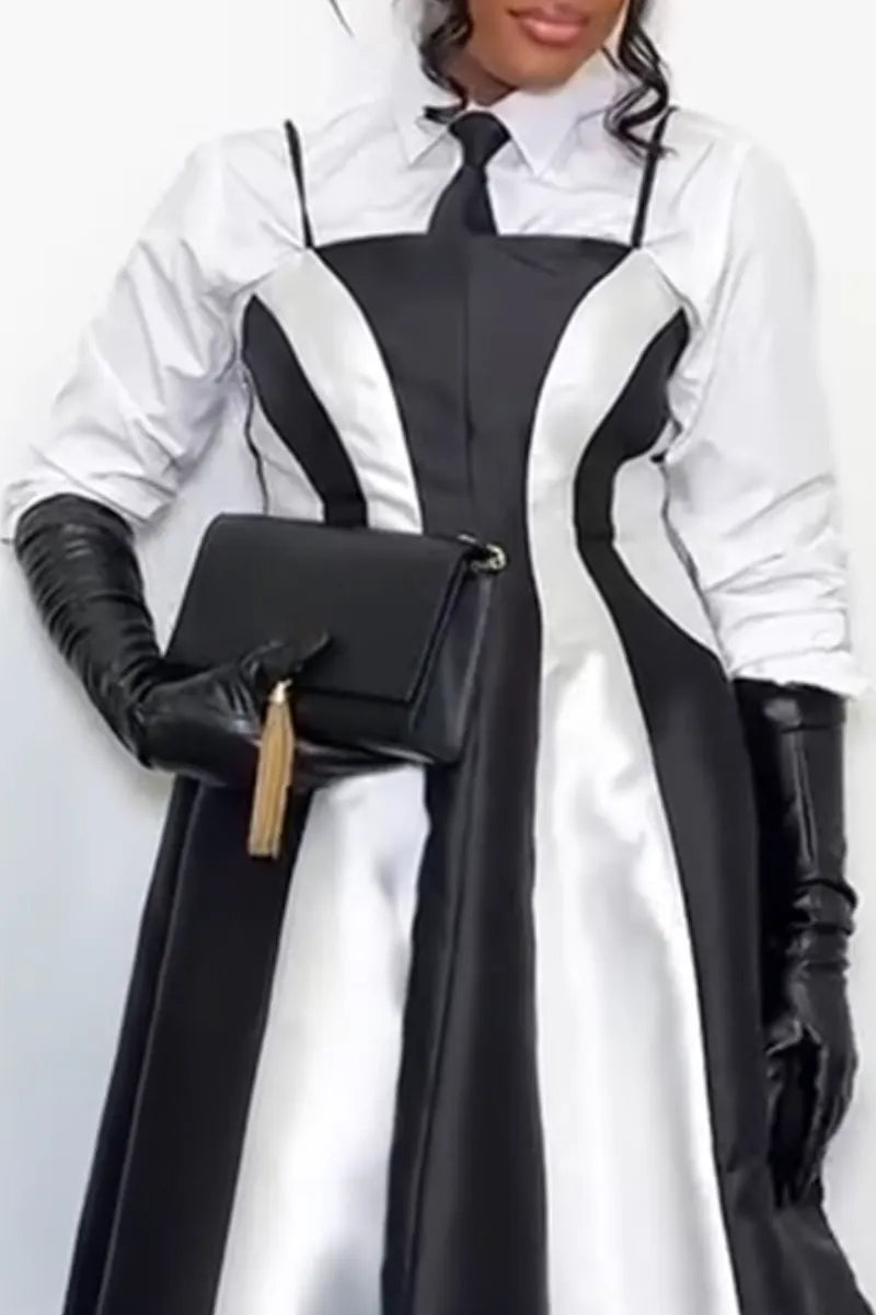 Women's Elegant Temperament Collar Shirt or Camisole Waist Cinching Contrasting Dress