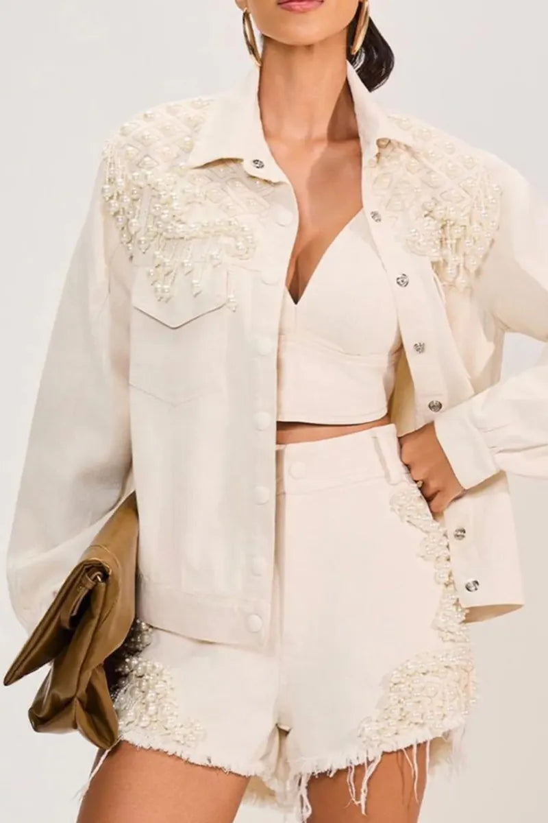Women Elegant Pearl Tassel Embellished Denim Button Down Jacket Or Raw Frayed Hem Shorts