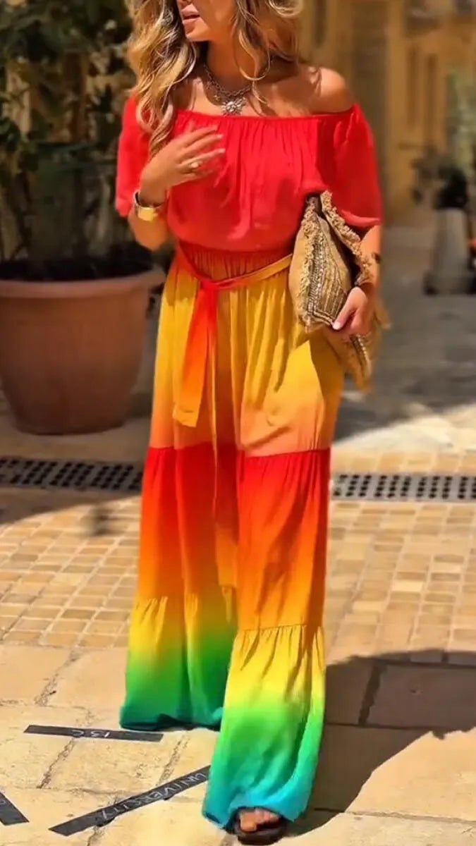 Women One Piece Collar Splicing Vacation Leisure Style Colorful Maxi Dresses