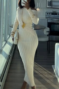 Women Diagonal Shoulder Collar Pit Stripe Knitted Elegant Temperament Dress