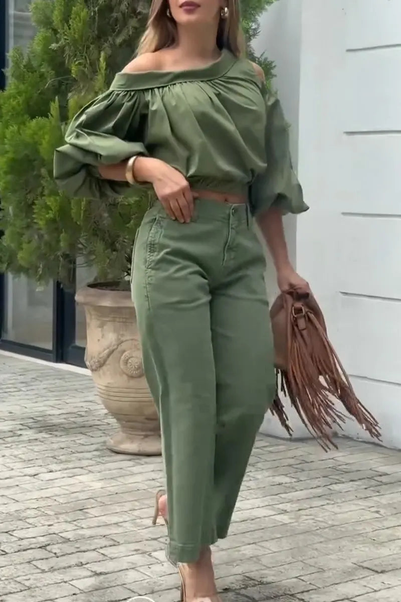 Women Off Shoulder Top+ Pants Casual Outfit with Temperament