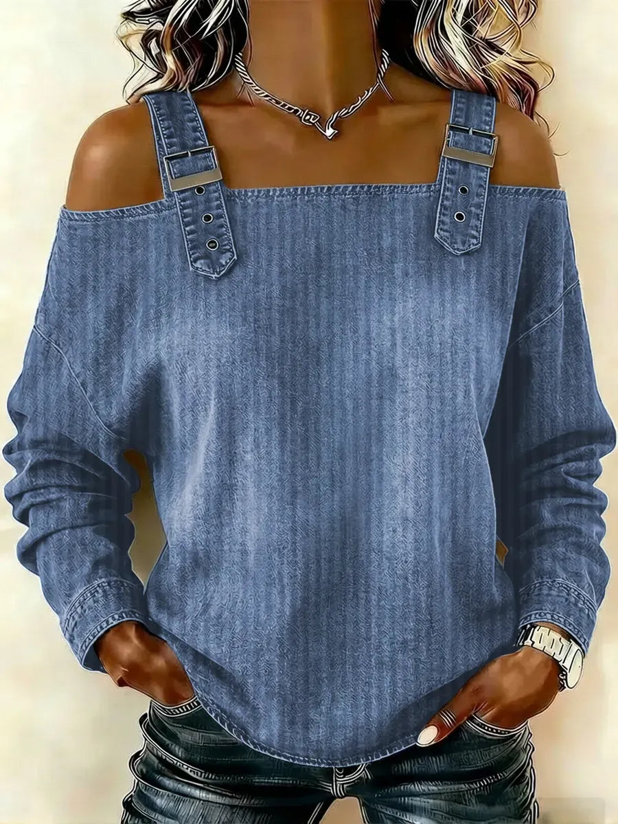 Women‘s Vintage Line Pattern Art Print Casual Cotton Denim Shirt