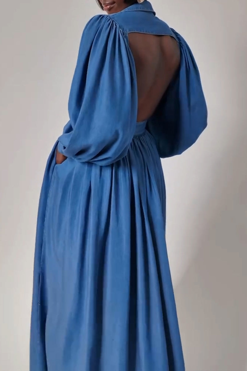 Women's Fashion Puff Sleeve Backless Single-Breasted Button Denim Maxi Dress