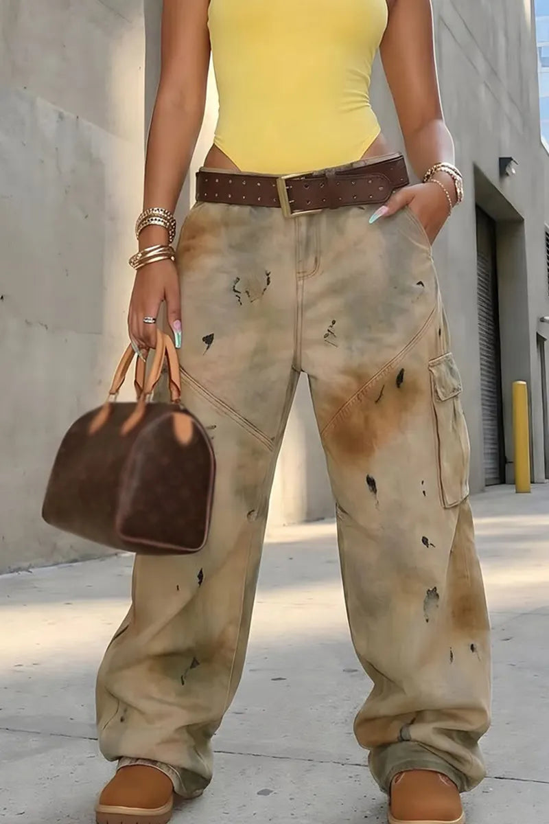 Women Distressed Workwear Wide-leg Jeans