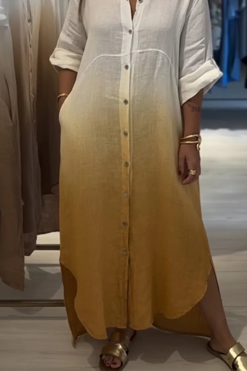 Ladies' Fashionable Casual Gradient Color Linen And Cotton Shirt Dress