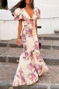 Women's Elegant Floral Print Puff Sleeve Mermaid Hem Maxi Dress