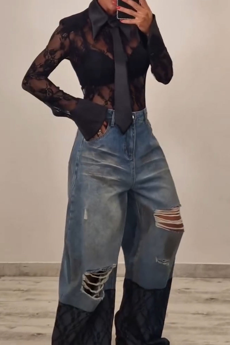Women's Fashion Satin Patchwork Lace Bodysuit or Wide Leg Jeans