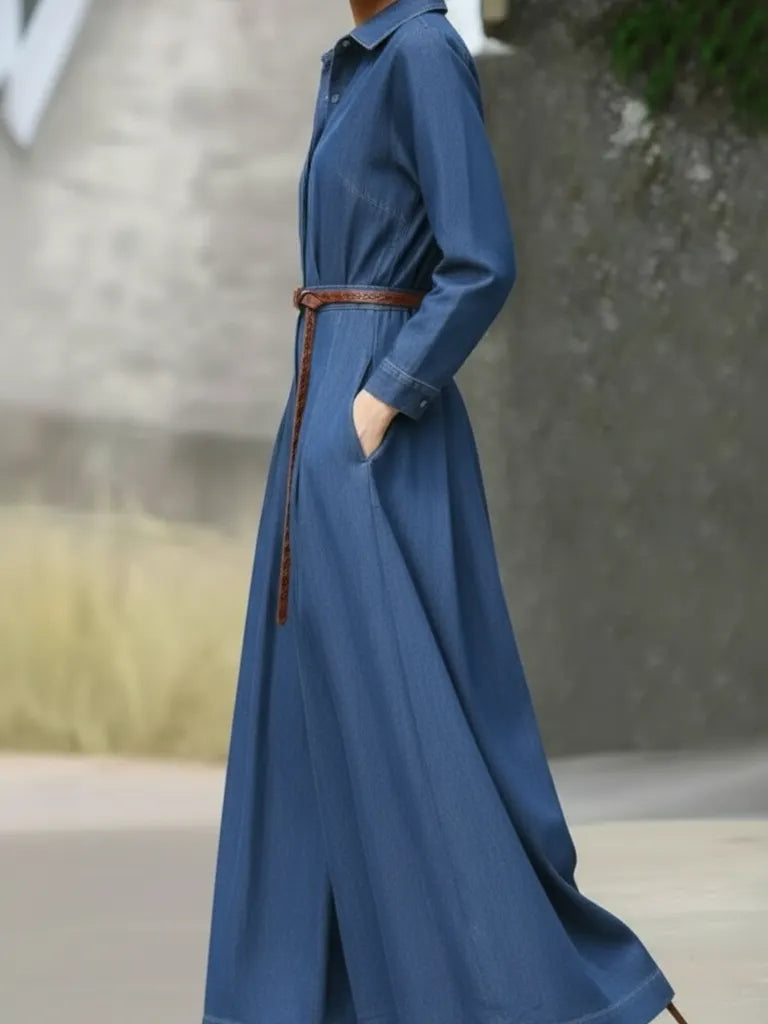 Elegant Shirt-collar Pleated Wide-leg Denim Jumpsuit