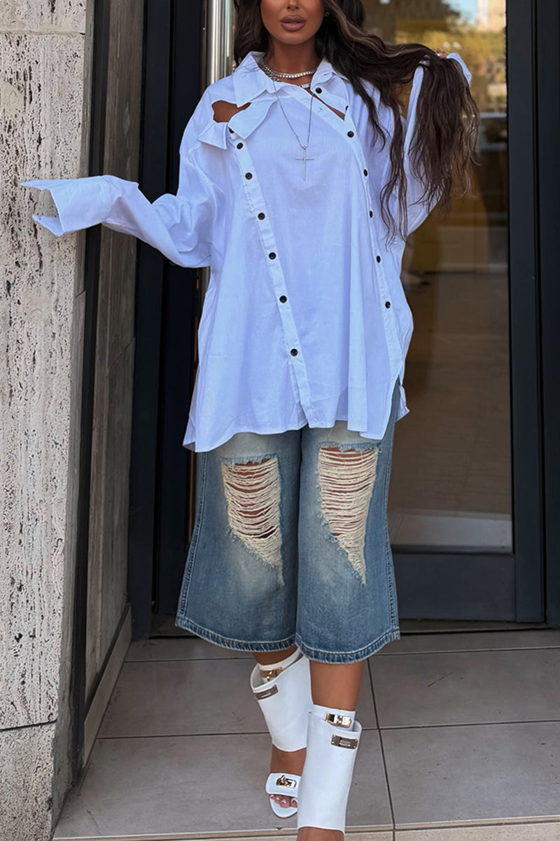 Women's Fashion Button Design Shirt or Ripped Short Jeans