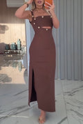 Women's Metal Button Decoration Strapless Top+ Slit Dress Sexy Temperament Two-piece Set