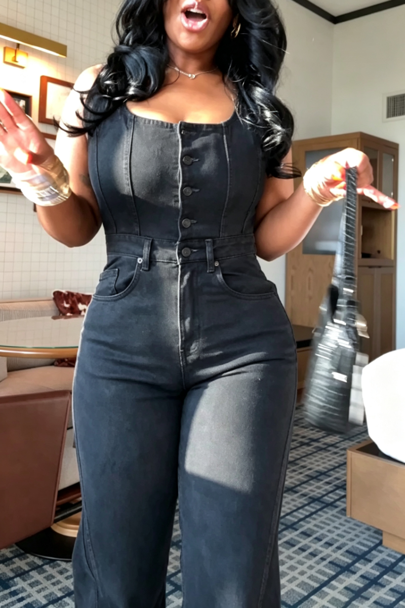 Women's U-neck Patchwork Waist Cinched Casual Denim Jumpsuit