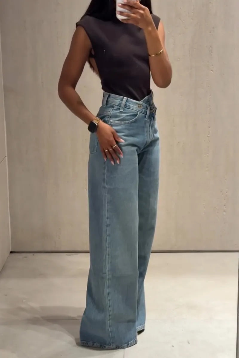 Women's Casual Asymmetric Fly Design Wide Leg Jeans