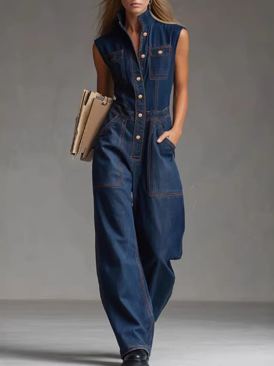 Buttoned Pockets Solid Color Split-Joint Loose Plus Size Stand Collar Jumpsuits