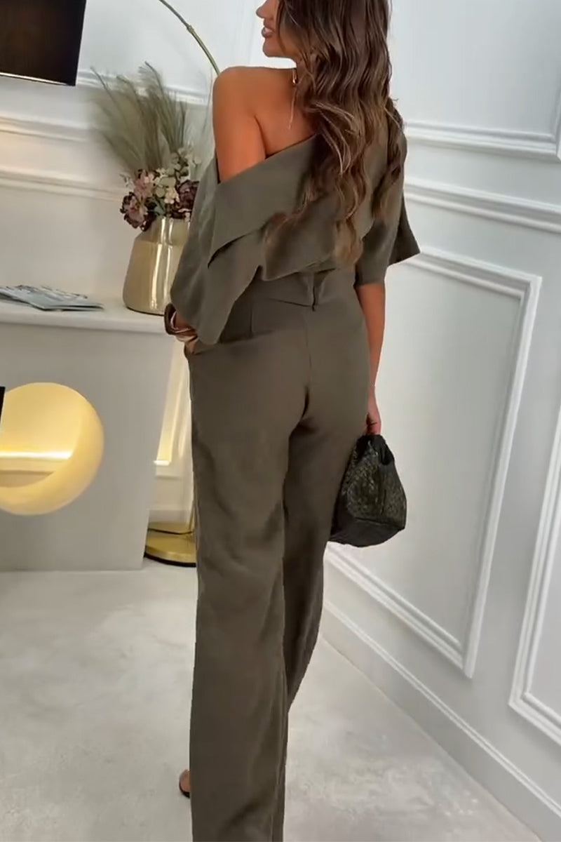Women's Diagonal Collar Top+ Pants Casual Suit with Temperament