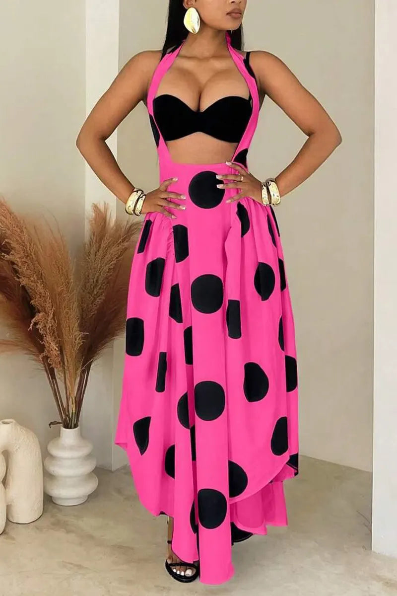 Women's Neck Hanging Patchwork Polka Dot Print Irregular Casual Dress