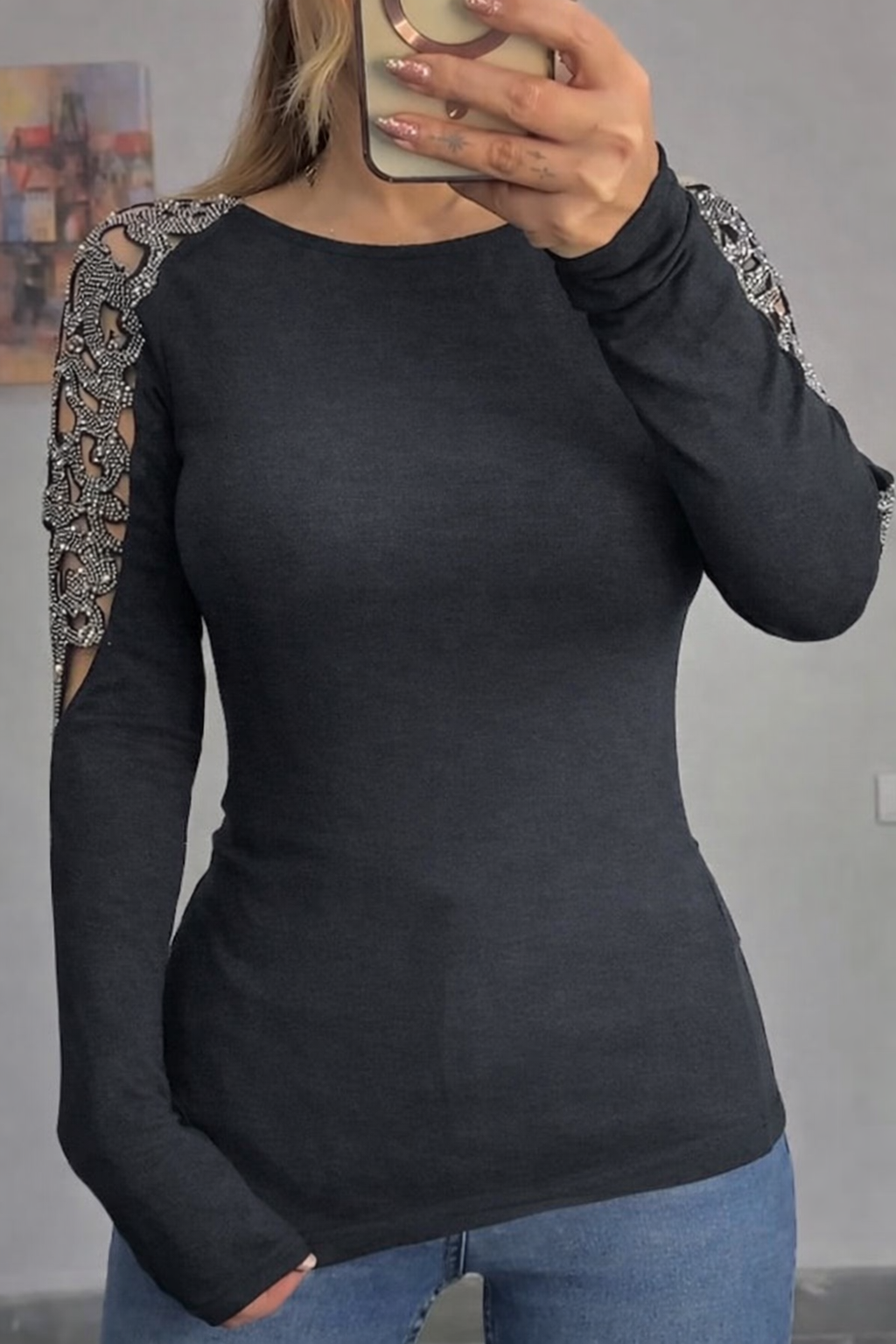 Women Round Neck Sleeves Hollowed Out Hot Stamping Rhinestone Casual Top