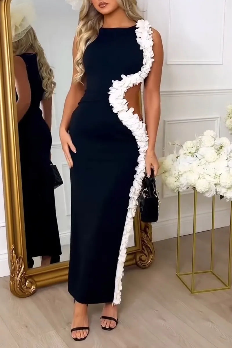 Women's Elegant White Lace Trim Waist Cutout Maxi Dress