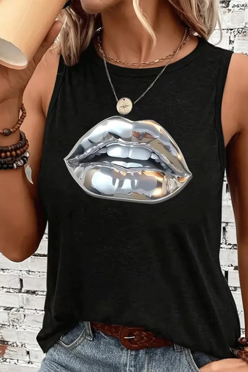 Women Round Neck Printed Sleeveless Casual Top