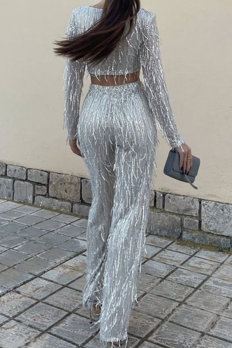 Women's Party Sequin Fringe Pants Set
