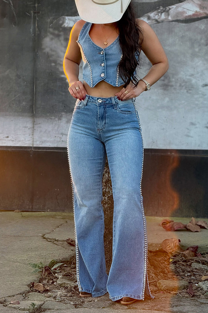 Women's Fashion Rhinestone Halter Denim Vest or Slit Hem Jeans