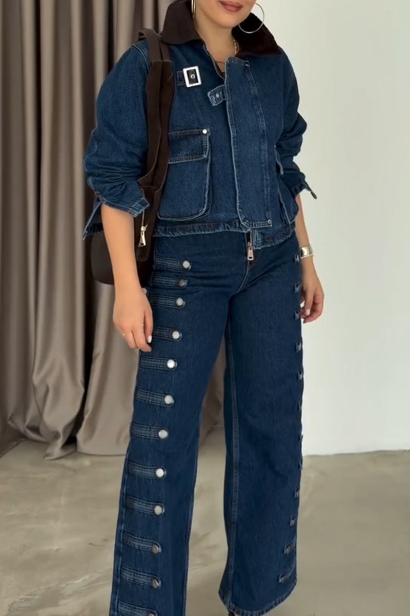 Women's Fashion Stand Collar Denim Jacket or Button Decoration Jeans