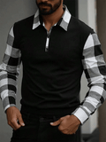 Men's Business Plaid Contrast Patchwork Zipper Lapel Long-Sleeved T-Shirt