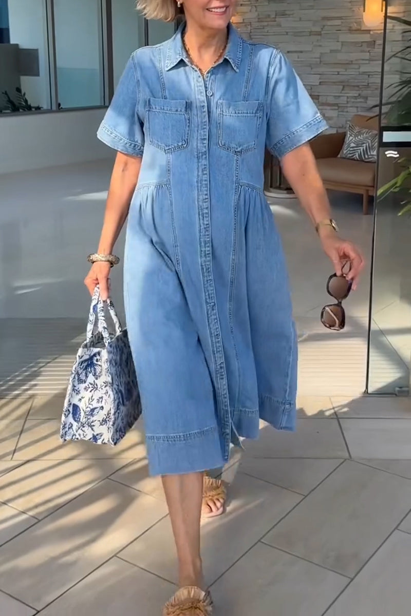 Women's Casual Short Sleeve Waist-Pleated Denim Dress