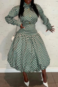 Women Collar and Waist Cinched Plaid Elegant Temperament Dress