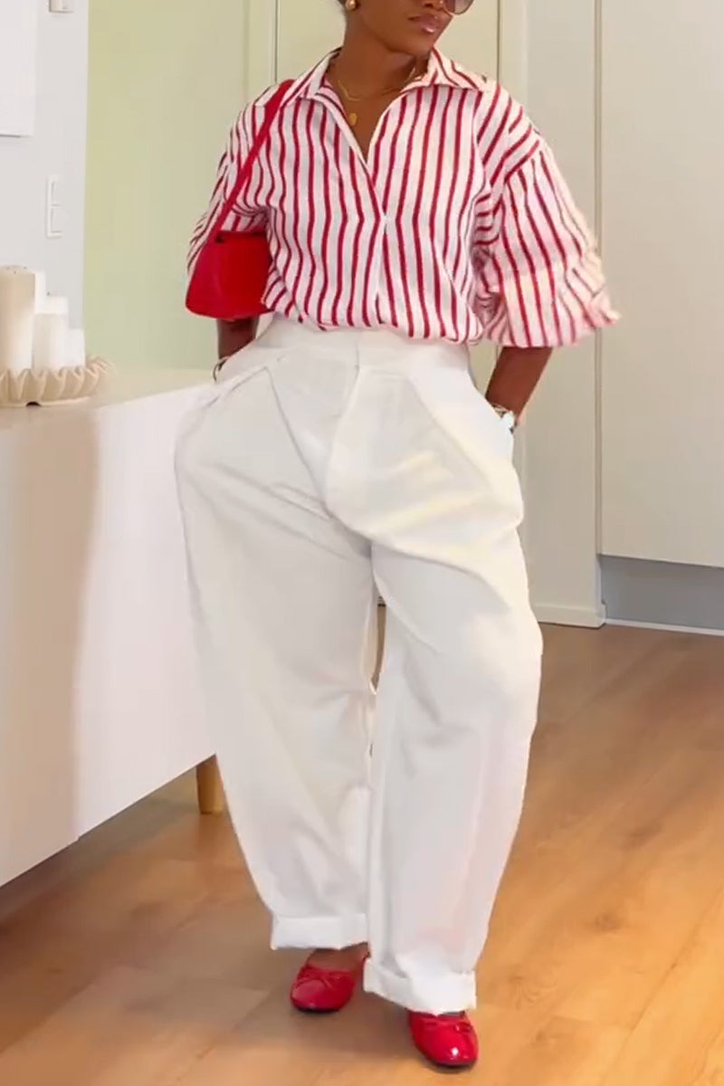Women's Temperament Casual Collar Vertical Stripe Shirt or Solid Color Pants