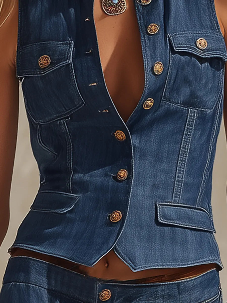 Bohemian Vacation Blue Denim Collared Button Vest
