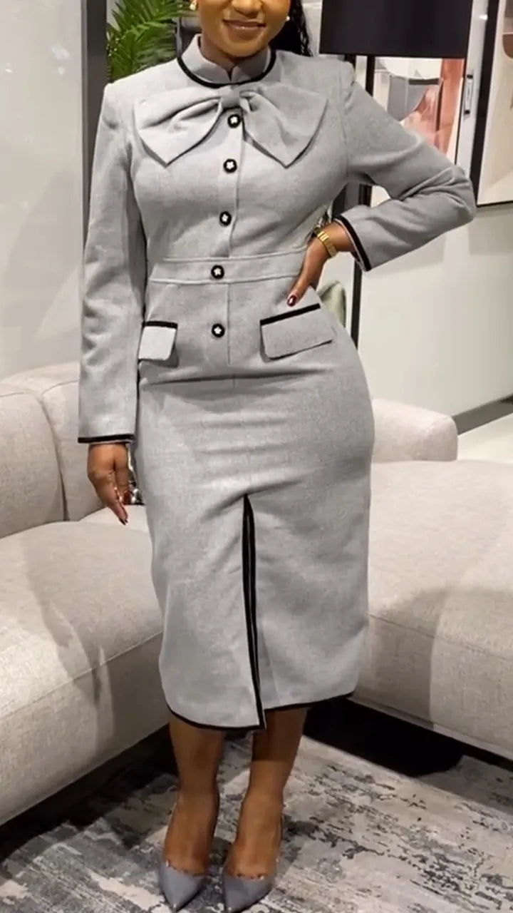 Women Round Neck Long Sleeved Patchwork Slit Style Commuting Midi Dresses