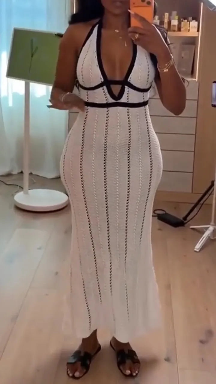Women Neck Hanging Deep V-neck Patchwork Hollow Slim Fit Sexy Casual Maxi Dress