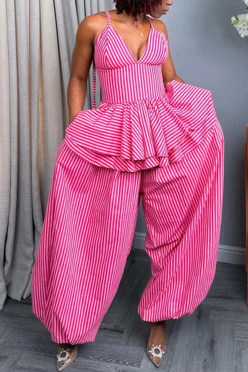Women's Double Layer Ruffle Stripe Vest or Loose Elastic Cuff Pants