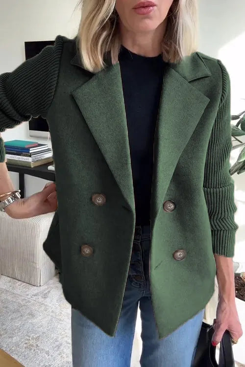 Women's Lapel Button Knitted Patchwork Sleeve Casual Coat