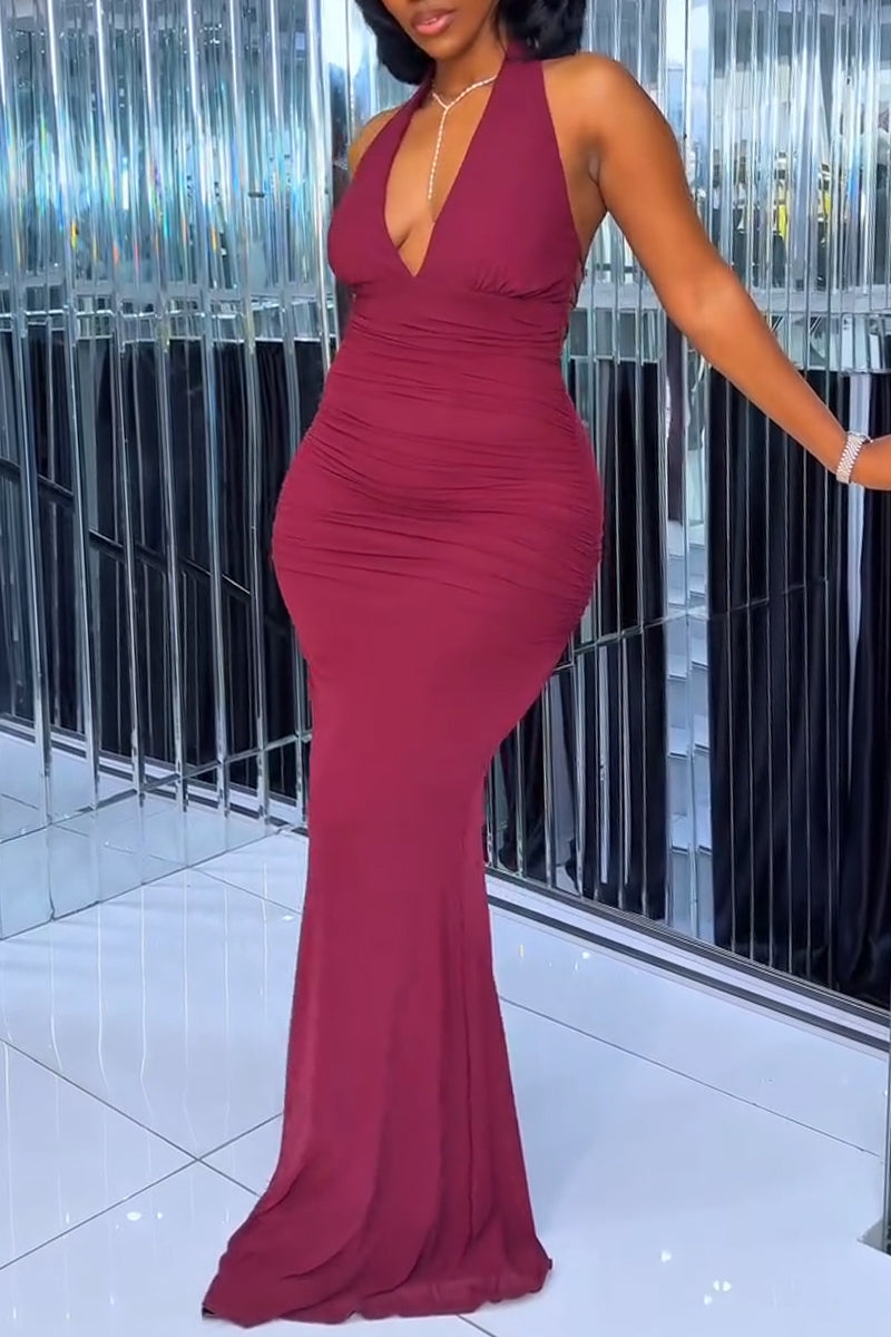 Women's Neck Hanging Solid Color Slim Fitting Elegant Temperament Dinner Party Style Dress
