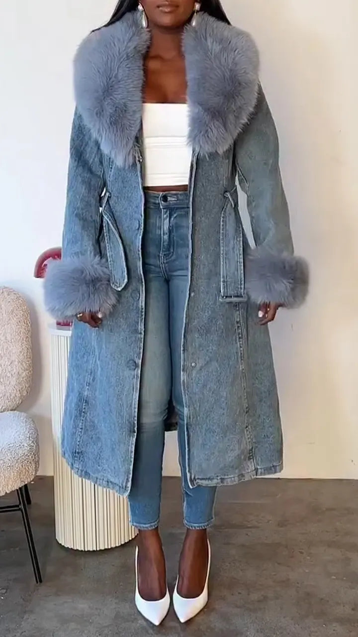 Women Fur Collar Patchwork Temperament Casual Denim Coat