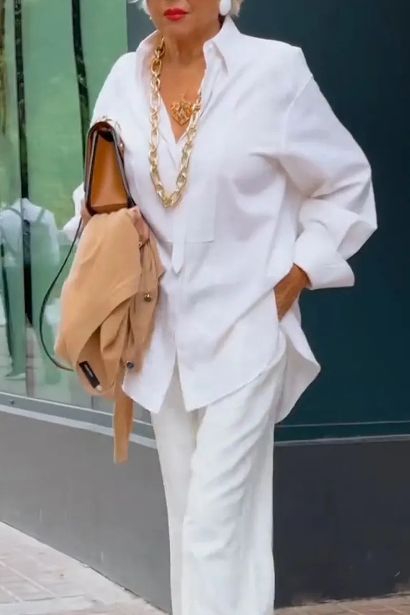 Women Temperament Casual Collar Solid Color Shirt or Wide Leg Pants