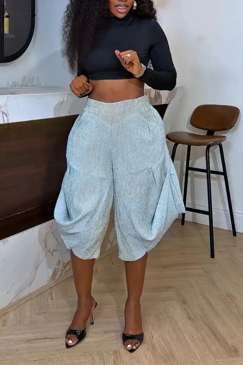 Women's Pleated Texture Seven Part Wide Leg Lantern Pants