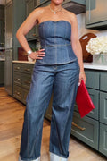 Women's Casual Strapless Denim Top Or Loose Fitting Wide Leg Patchwork Jeans