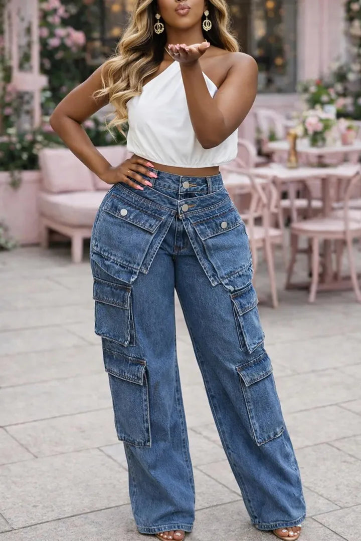 Women's Street Fashion Layered Trim Cargo Jeans