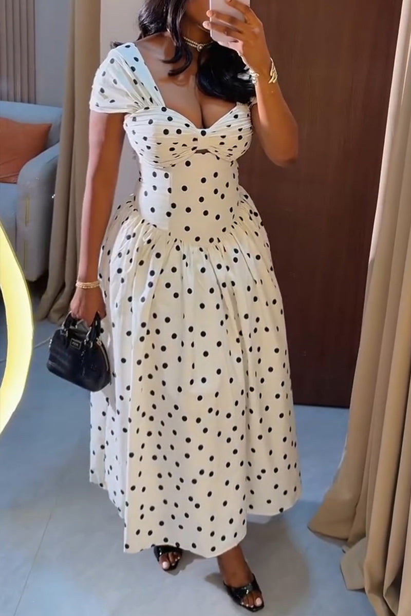 Women's Vacation Waist Cinching Pleated Polka Dot Maxi Dress