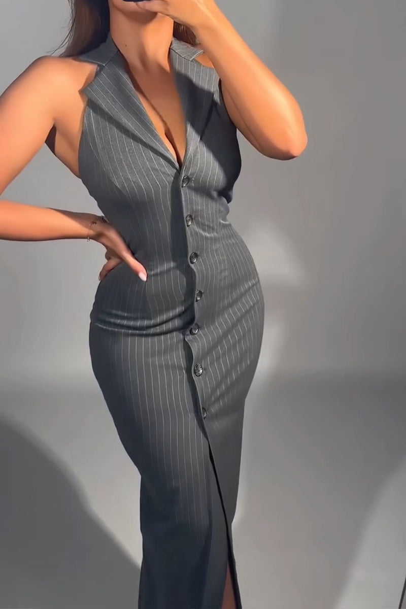 Women's Elegant Commuter Lapel Button Stripe Maxi Dress