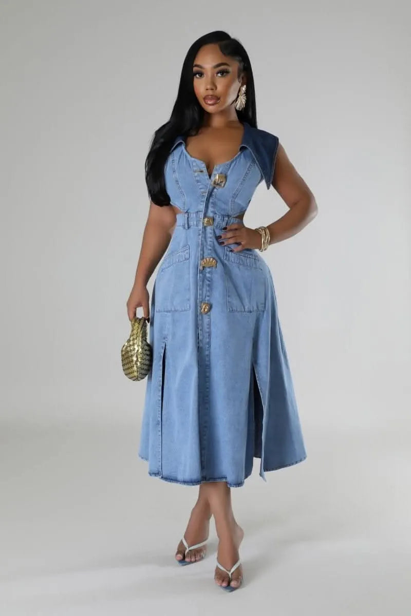 Ladies' Fashionable Casual Lapel Sleeveless Denim Dress