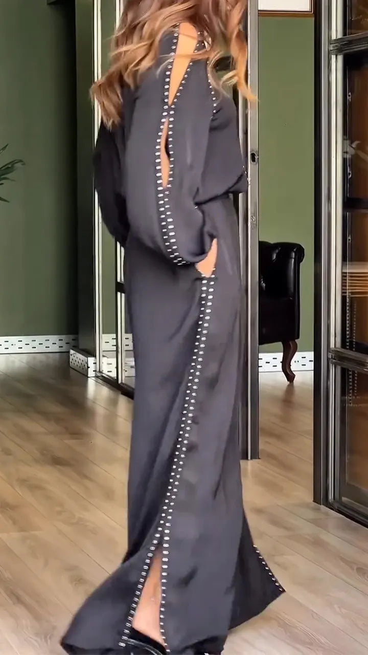 Women Round Neck Nail Drill Sleeve Hollow Top + Wide Leg Pants Casual Suit