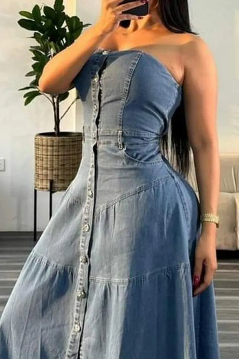 Women's Casual Off Shoulder Tube Top High Waist Ruffle Hem Denim Maxi Dress