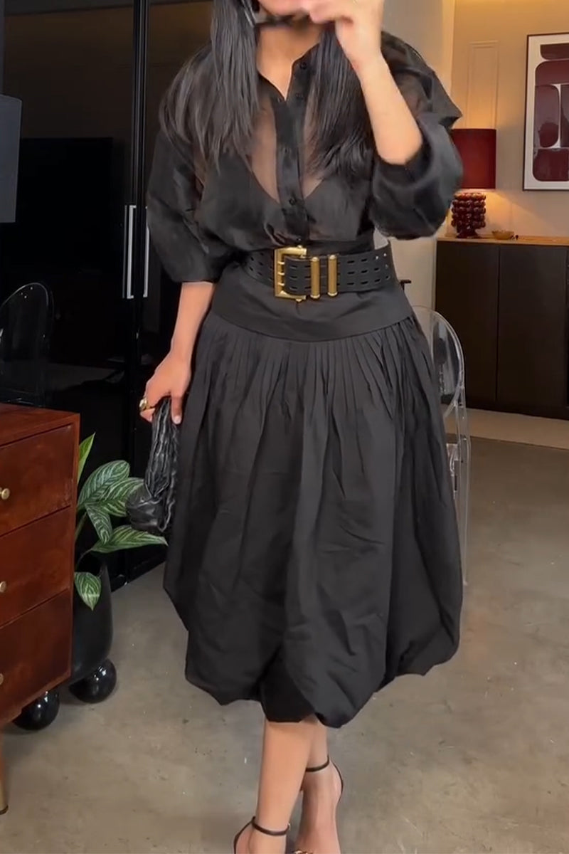 Women's Collar See Through Shirt+ Half Skirt Elegant Temperament Set